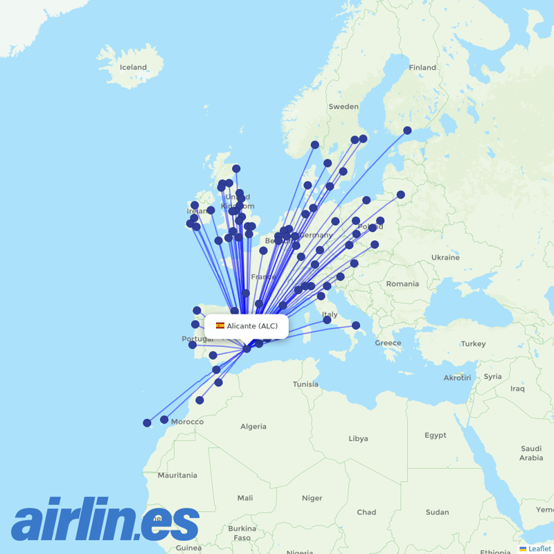 Ryanair from Alicante–Elche Miguel Hernández Airport destination map