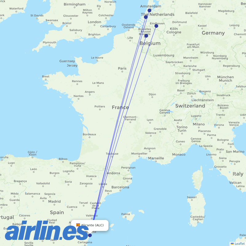 Transavia from Alicante–Elche Miguel Hernández Airport destination map