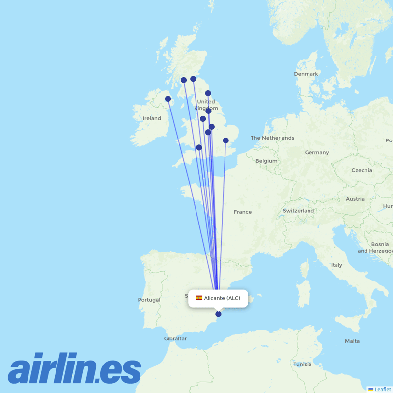 Jet2 from Alicante–Elche Miguel Hernández Airport destination map