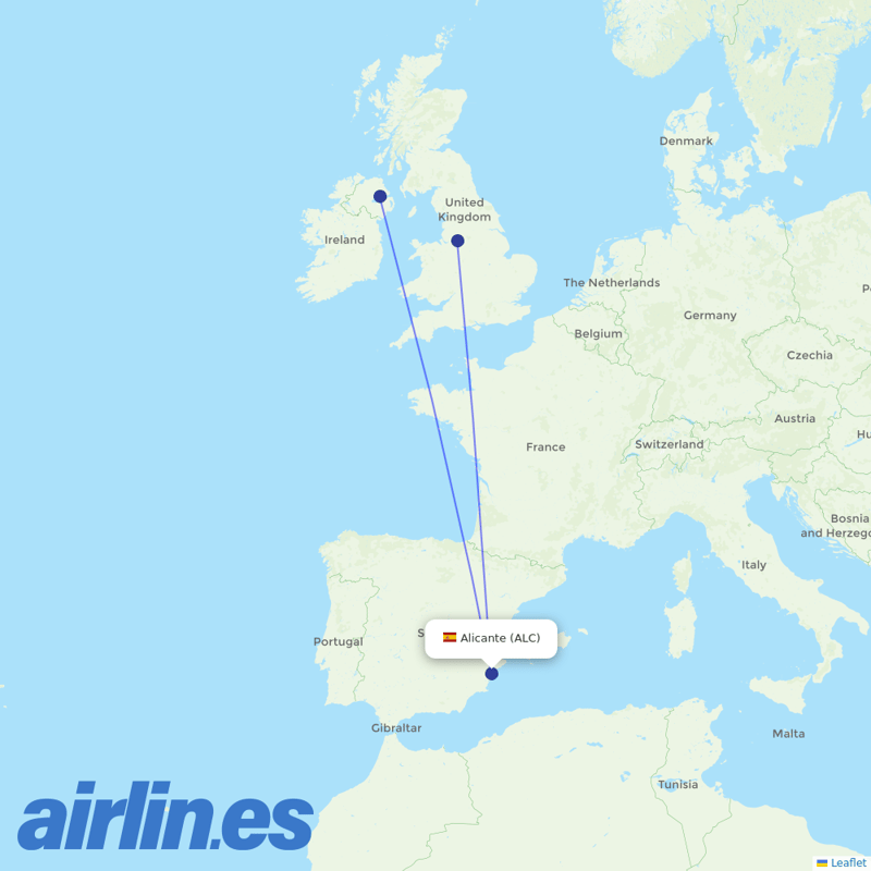 Ryanair UK from Alicante–Elche Miguel Hernández Airport destination map