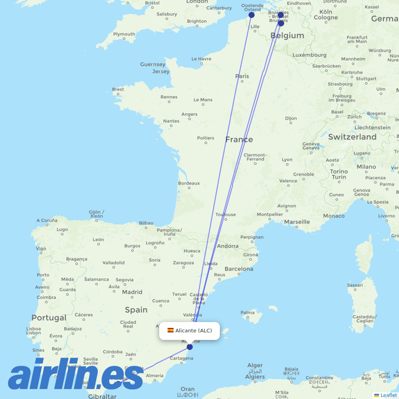 TUI Airlines Belgium from Alicante–Elche Miguel Hernández Airport destination map