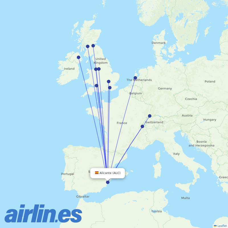 easyJet from Alicante–Elche Miguel Hernández Airport destination map