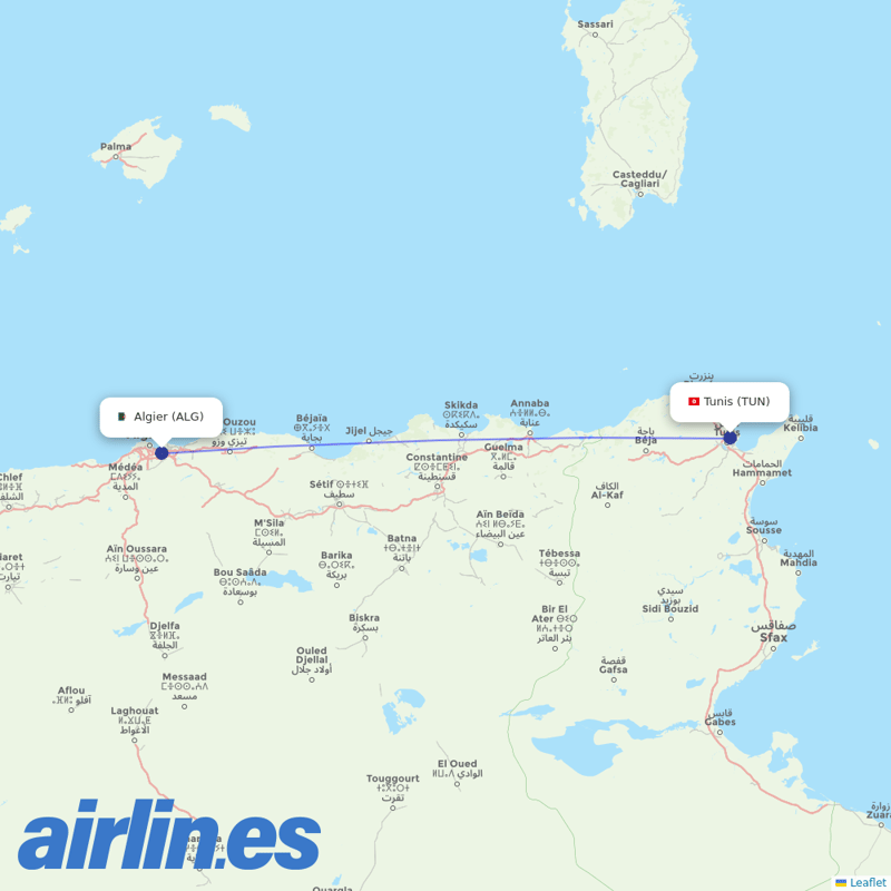 Tunisair from Houari Boumediene Airport destination map