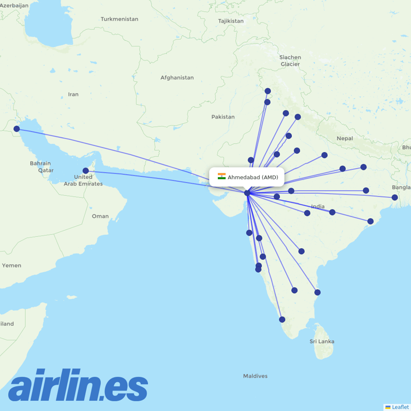 IndiGo from Ahmedabad Airport destination map
