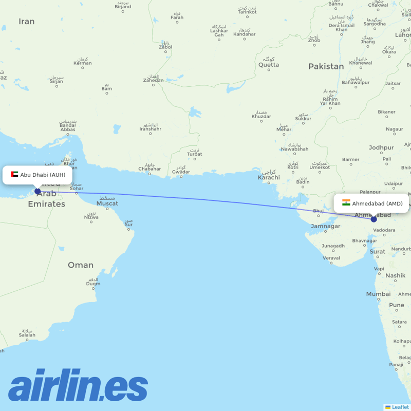 Etihad Airways from Ahmedabad Airport destination map