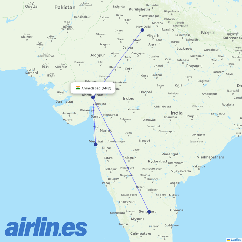 Starlight Airline from Ahmedabad Airport destination map