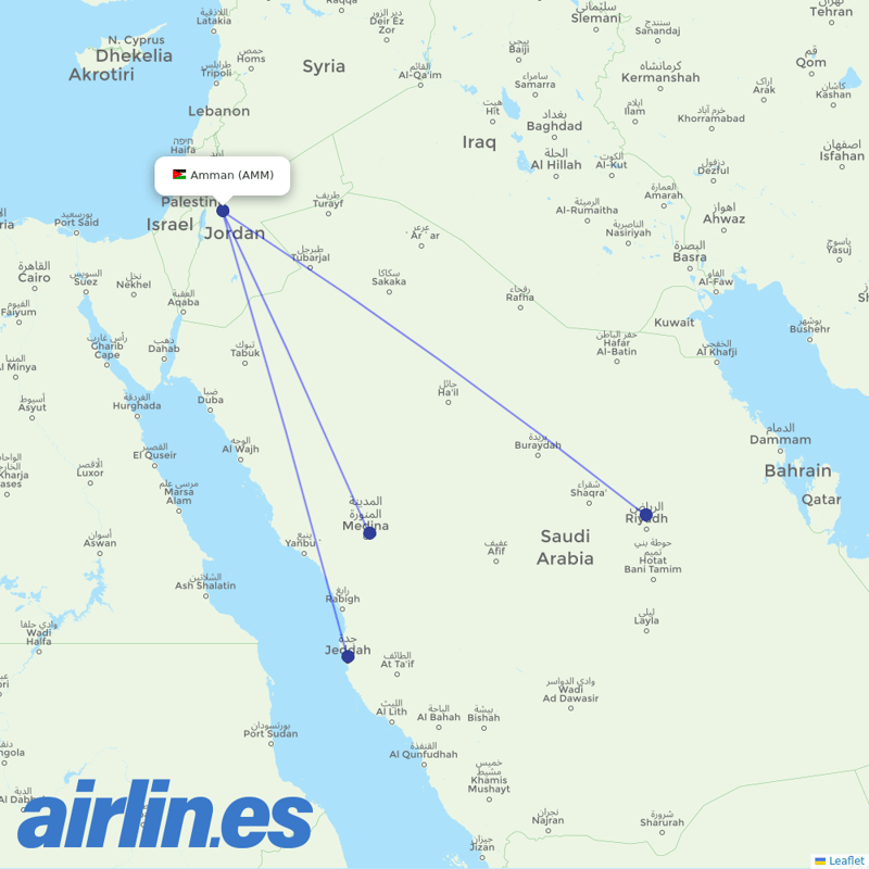 Saudia from Queen Alia International destination map