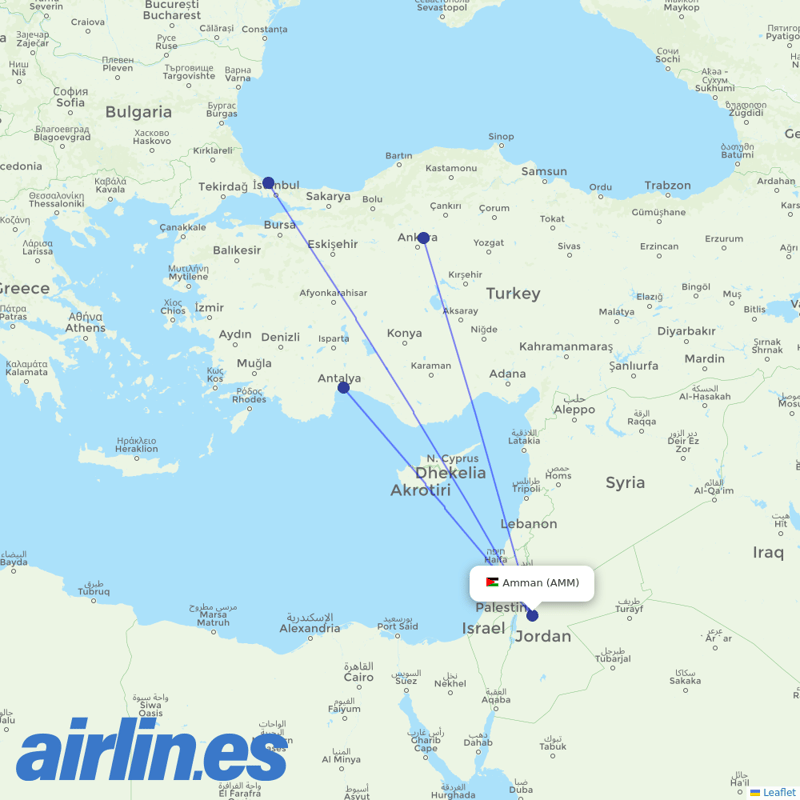 Turkish Airlines from Queen Alia International destination map