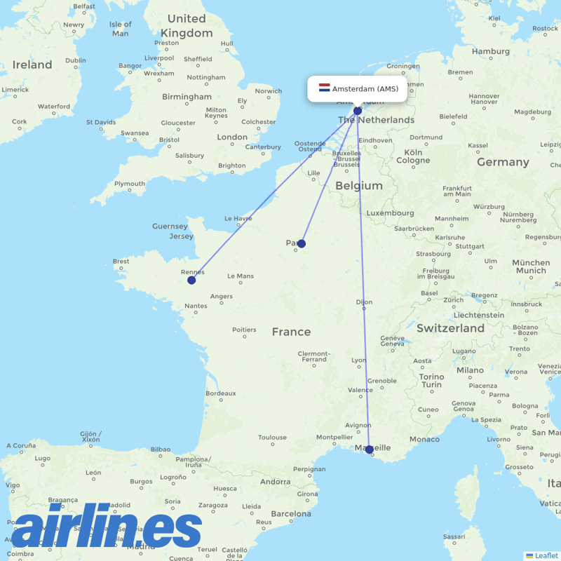 Air France from Schiphol destination map