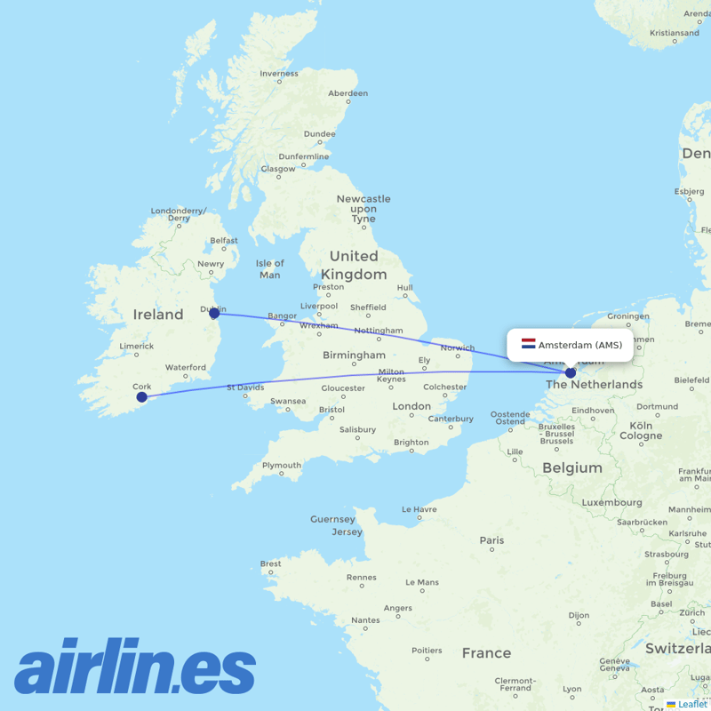Aer Lingus from Schiphol destination map