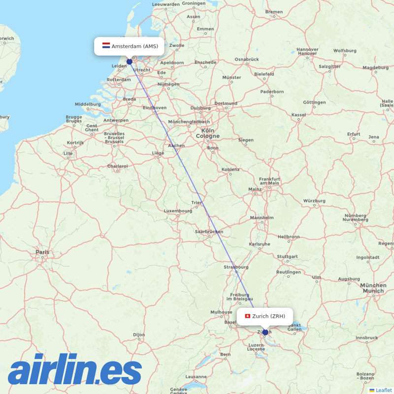 SWISS from Schiphol destination map