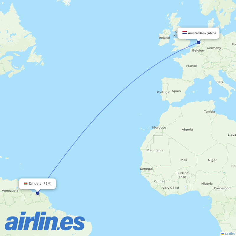 Surinam Airways from Schiphol destination map
