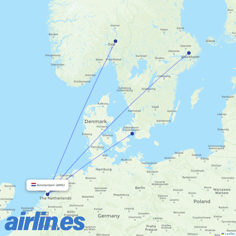Scandinavian Airlines from Schiphol destination map