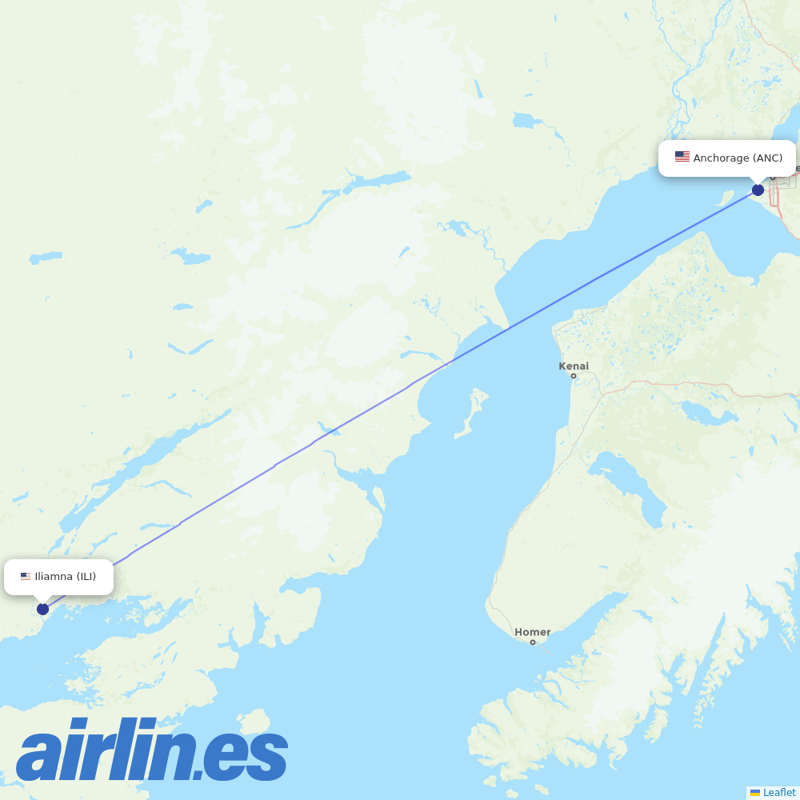 Iliamna Air Taxi from Ted Stevens Anchorage International destination map