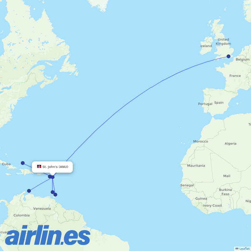 British Airways from Antigua destination map