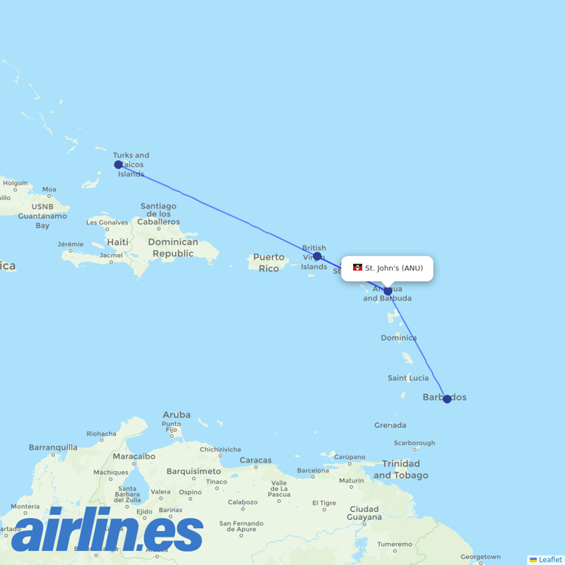 interCaribbean Airways from Antigua destination map