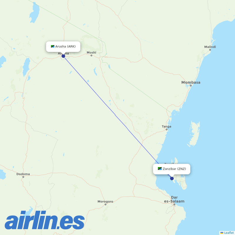 Air Tanzania from Arusha destination map