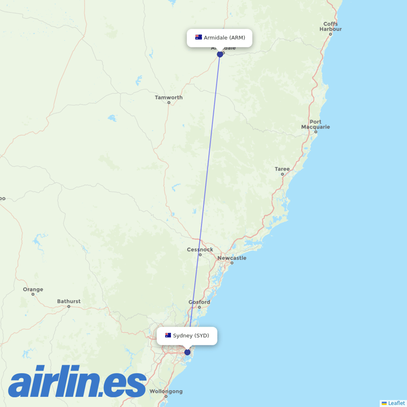 Qantas from Armidale destination map