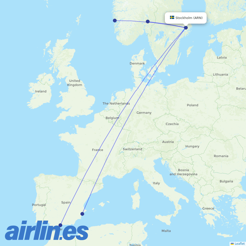 Norwegian Air from Stockholm Arlanda Airport destination map