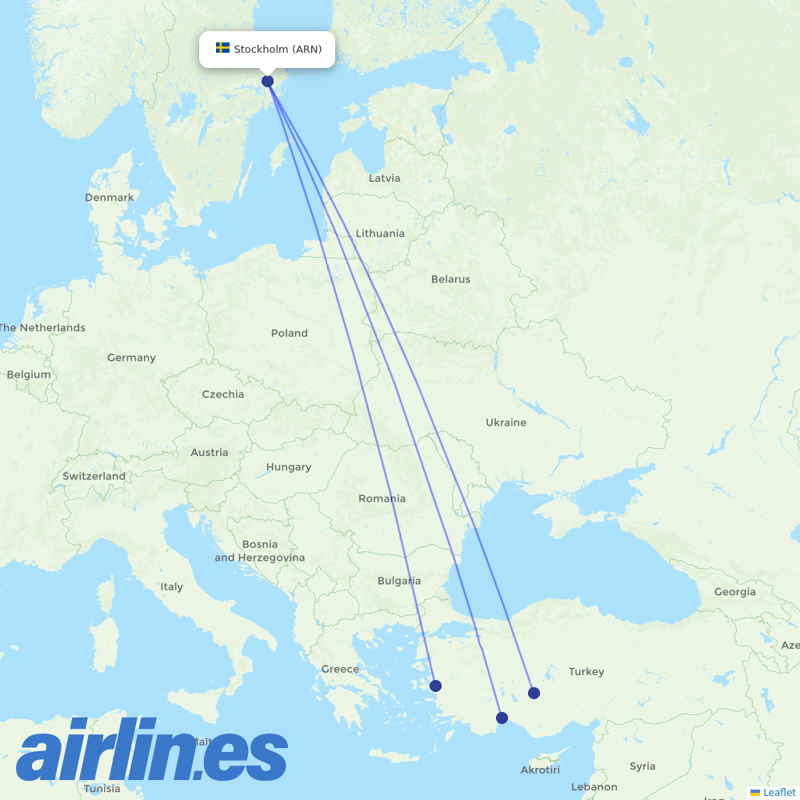 SunExpress from Stockholm Arlanda Airport destination map