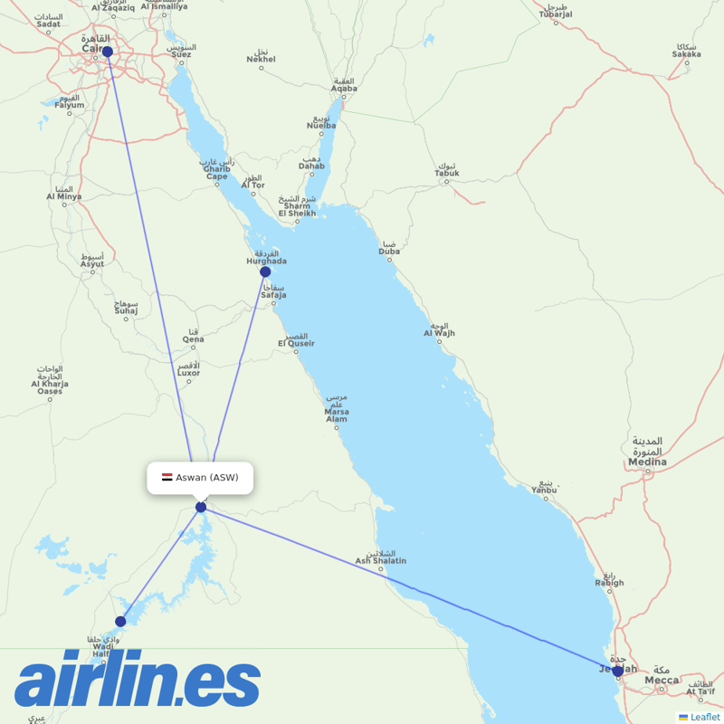 EgyptAir from Aswan International destination map