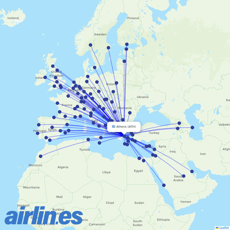 Aegean Airlines from Athens International Airport destination map