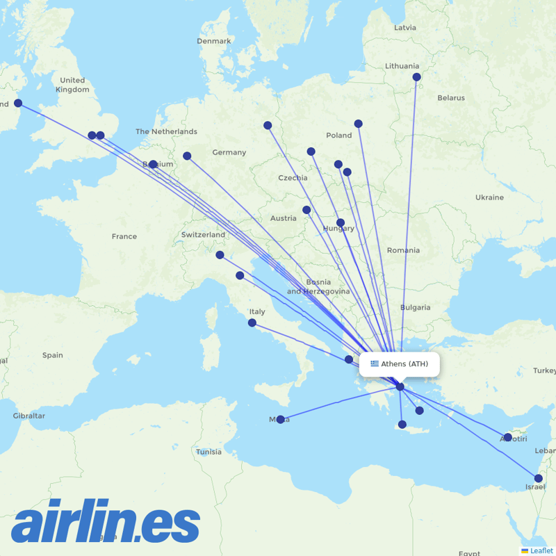Ryanair from Athens International Airport destination map
