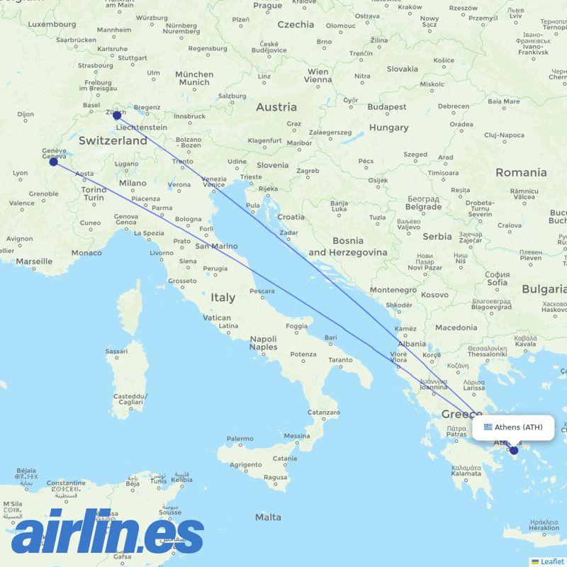 SWISS from Athens International Airport destination map