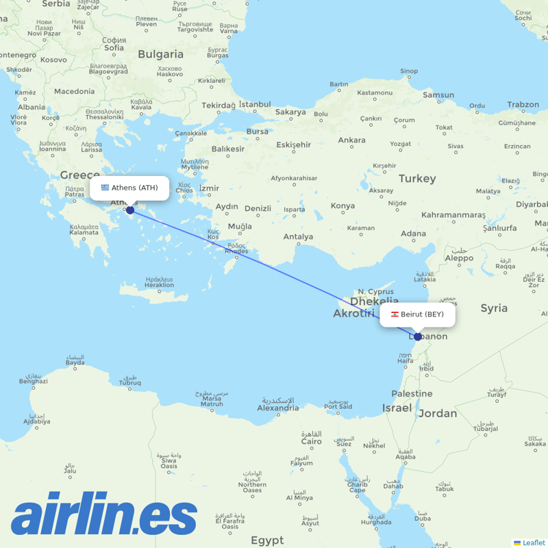 Middle East Airlines from Athens International Airport destination map