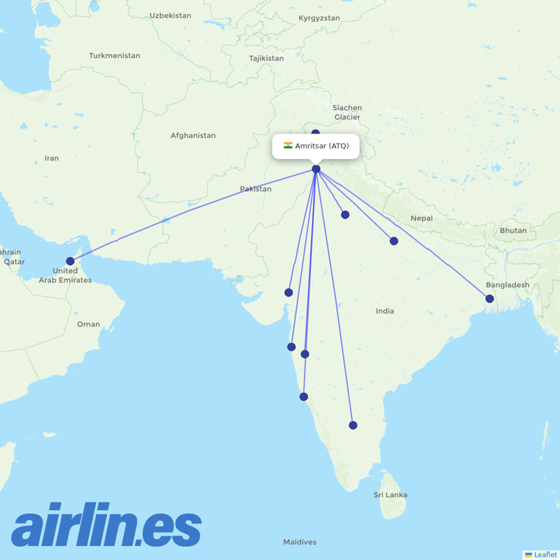 IndiGo from Amritsar destination map