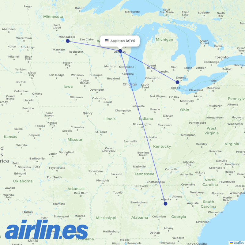Delta Air Lines from Appleton destination map