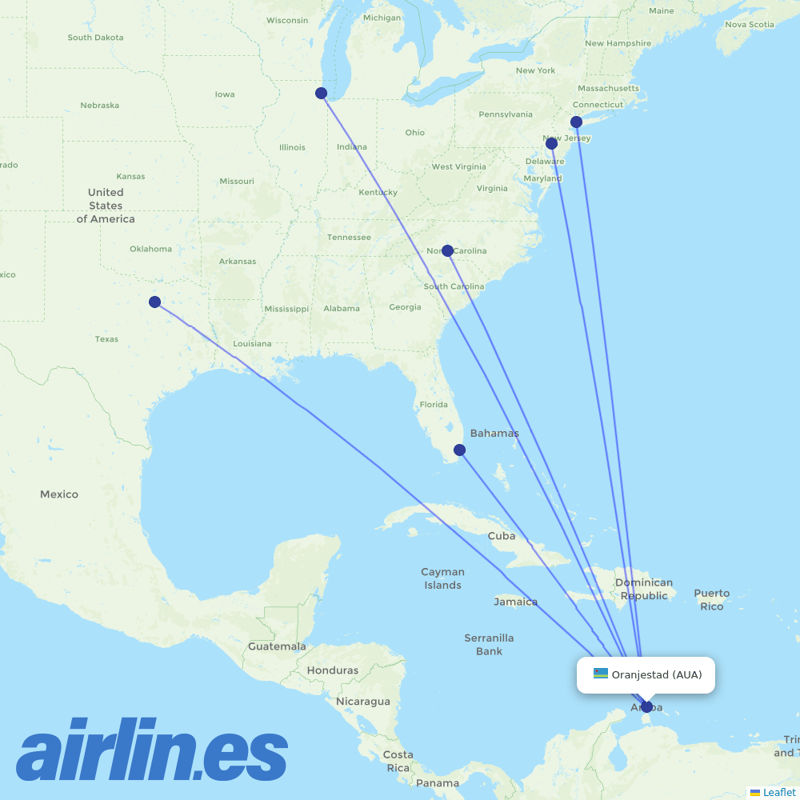 American Airlines from Reina Beatrix International destination map