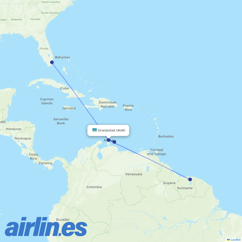 Surinam Airways from Reina Beatrix International destination map