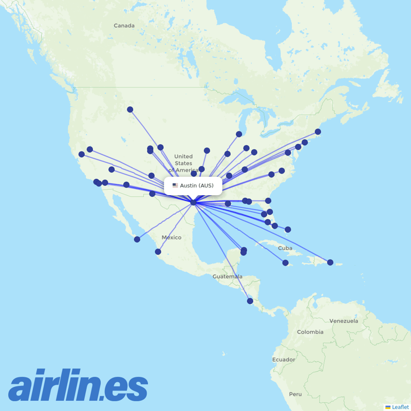 American Airlines from Austin-Bergstrom International Airport destination map