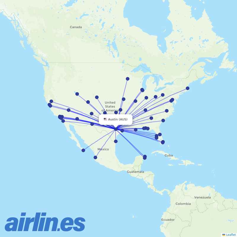Southwest Airlines from Austin-Bergstrom International Airport destination map