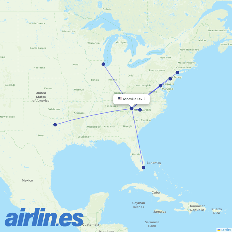 American Airlines from Asheville Regional Airport destination map