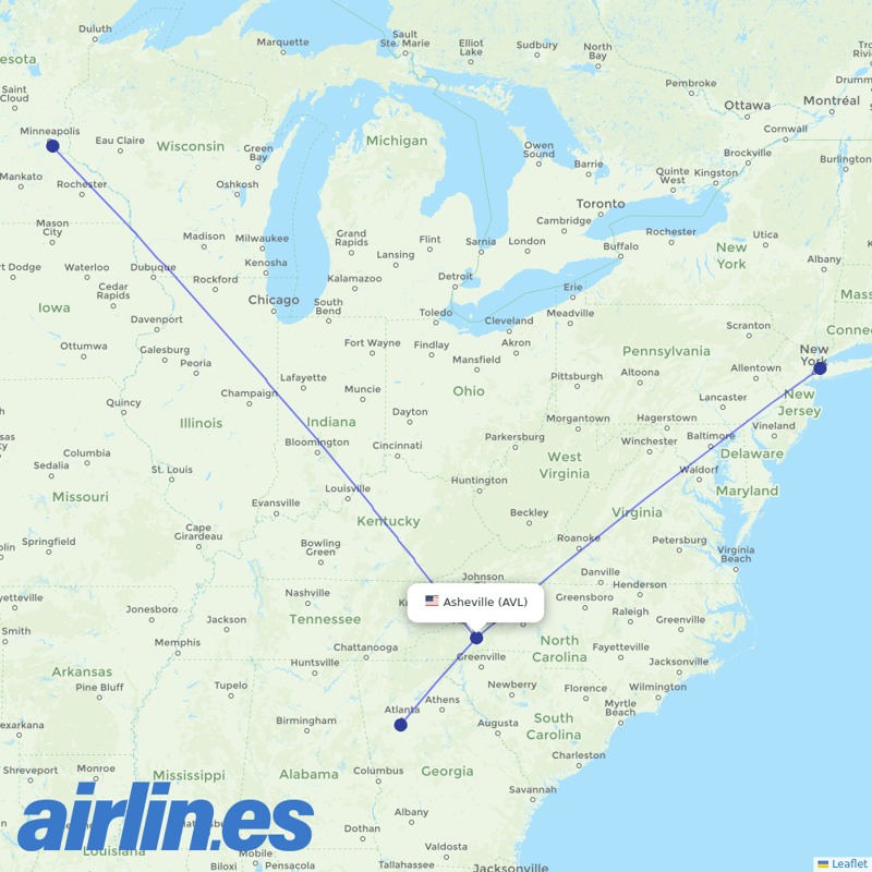 Delta Air Lines from Asheville Regional Airport destination map