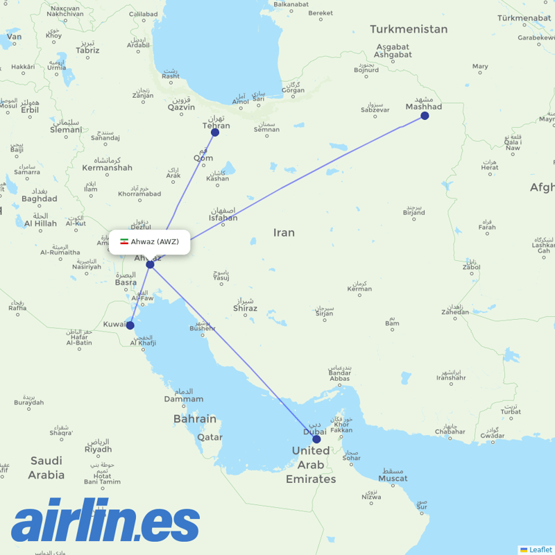 Iran Air from Ahwaz destination map