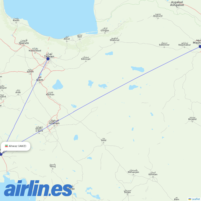 Qeshm Air from Ahwaz destination map