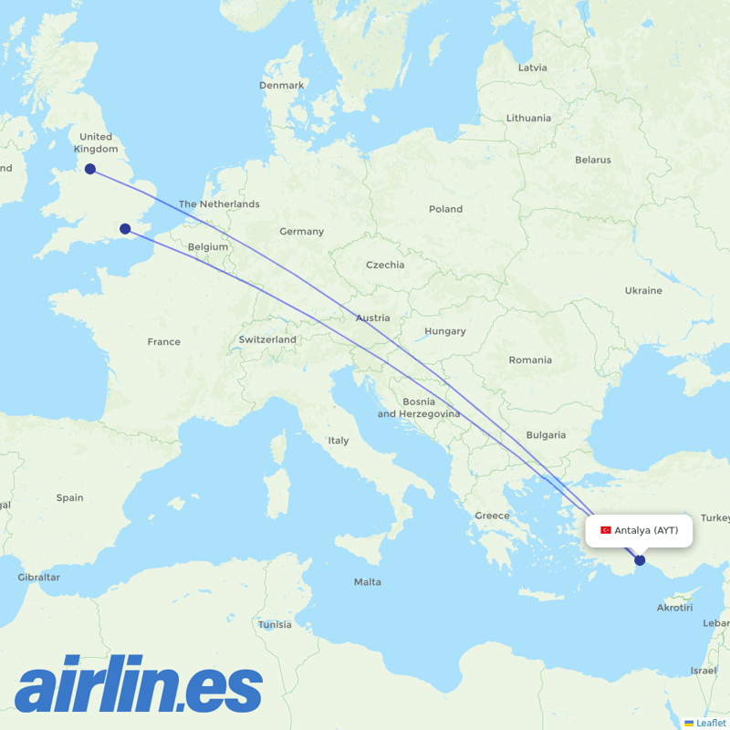 Freebird Airlines from Antalya Airport destination map