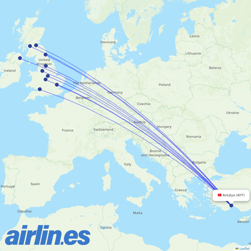 Jet2 from Antalya Airport destination map
