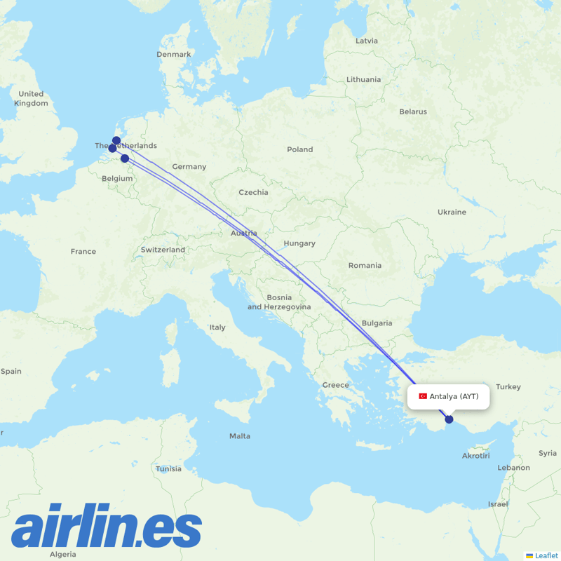 TUIfly Netherlands from Antalya Airport destination map