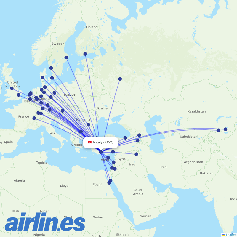 Pegasus from Antalya Airport destination map