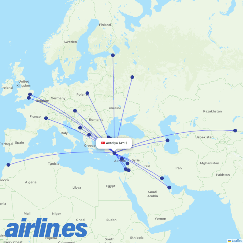 Turkish Airlines from Antalya Airport destination map