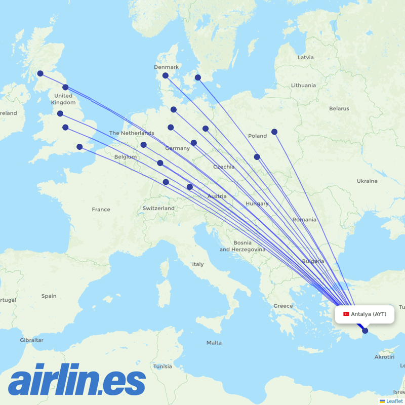Corendon Airlines from Antalya Airport destination map