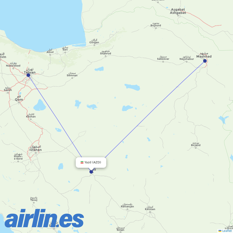 Iran Aseman Airlines from Yazd Shahid Sadooghi destination map