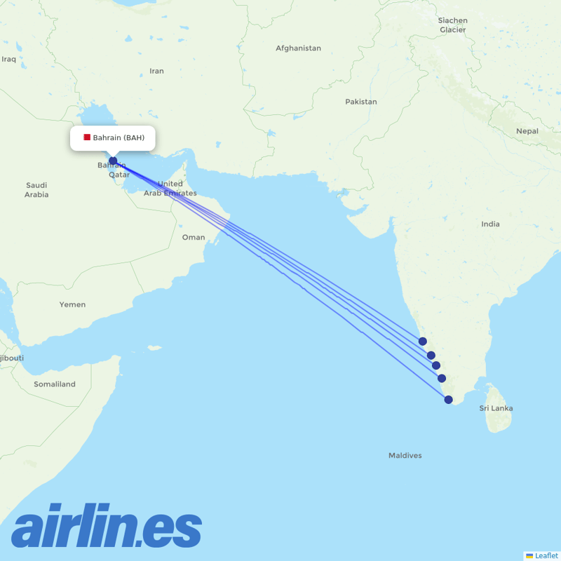 Air India Express from Bahrain International Airport destination map