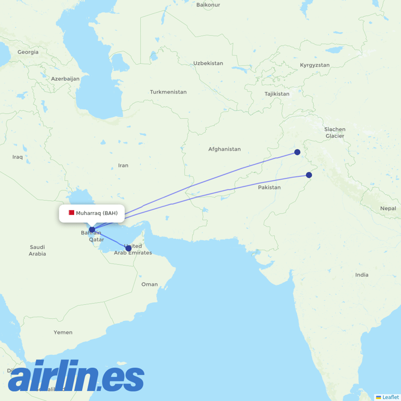 Pakistan International Airlines from Bahrain International Airport destination map