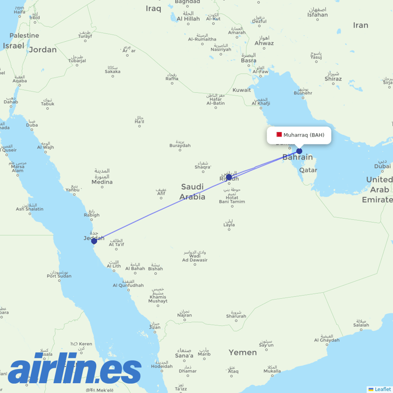 Saudia from Bahrain International Airport destination map
