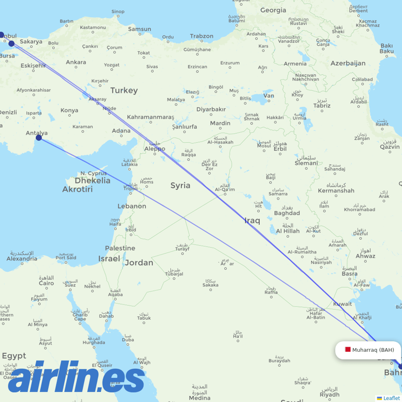 Turkish Airlines from Bahrain International Airport destination map